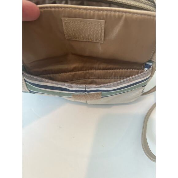 MultiSac Zippy Tan Green Blue Striped Triple Compartment Crossbody Shoulder Bag - Picture 13 of 15